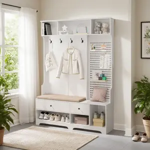 Multi-purpose Hallway Hall Tree with Removable Linen Cushioned Entryway Bench, Coat Rack, Storage Shelves, and DIY Pegboard,for Hallways, Living Room, White