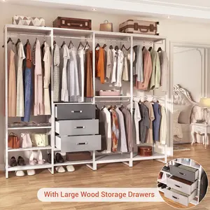 Cyclysio Wood Clothes Rack Wardrobe Closet for Hanging Clothes Heavy Duty Garment Rack, Large Corner L Shaped Closet System Organizers Walk-in Closet for Bedroom with 3 Wood Drawers, White and Grey Wooden Hangable