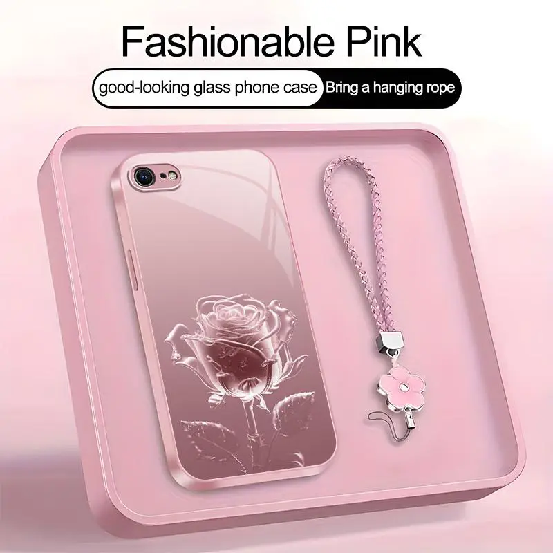 Suitable for [iPhone Se 2] high-end phone case，a beautiful four-leaf clover lanyard is included,imple and elegant crystal rose pattern,a variety of colors are available for you to choose from YM99