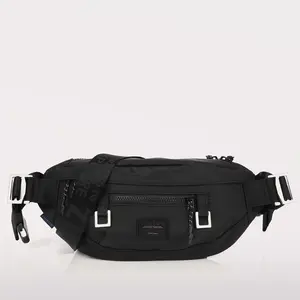 ZIMEGO Tactical Fanny Pack ZB304 - 100% Nylon Crossbody Sling Bag for Men & Women, Travel Waist Pack, Black, Adjustable Strap, 14"x6"x5", Small Front Zipper Pocket, Concealed Main Zipper Compartment