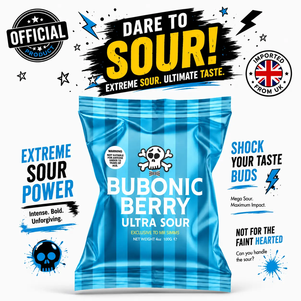Mr. Simms Sweet Shoppe Bubonic Berry Ultra Sour Bonbon Candy, 100g Imported From England, UK Authorized Distributor Official Sour Raspberry Snack, Boiled & Hard Sweet
