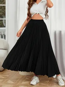 Pleated Solid Color Skirt, Loose Skirt For Spring & Summer, Women's Clothing