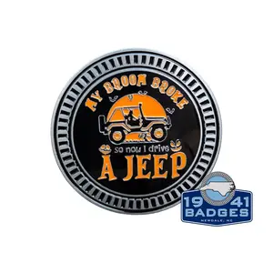 1941 Badges My Broom Broke So Now I Drive A Jeep Enthusiast Emblem Orange Graphic Design Durable Stainless Steel UV Protected 2.5 Inch USA Made Spooky Vehicle Emblem