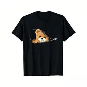 Women's Cute  Bear Graphic T-Shirt - Casual Black Polyester Tee with Zipper Detail, Short Sleeves & Round Neckline, Machine Washable, Casual Wear|Playful Graphic Tee|Machine Washable Top Crewneck Tshirt