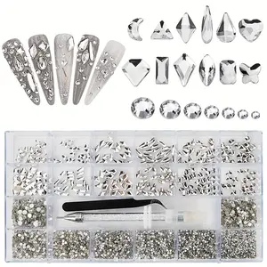 12 Types of 300 Iridescent Diamonds + 5400 Flat Rhinestones Mix 20 Styles Flatback DIY Crafts Rhinestone Crystals 3D Decorations Flat Back Stones Set +Tweezers +Rhinestone Pen nail art accessory