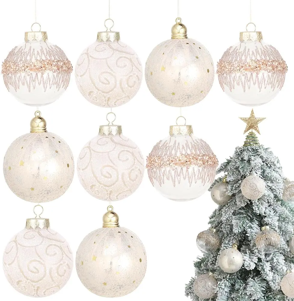 Christmas Ball Ornament 9 Pcs Champagne and Clear Christmas Tree Shatterproof Glitter Ball Ornaments for Xmas New Year Wedding Party Decorations