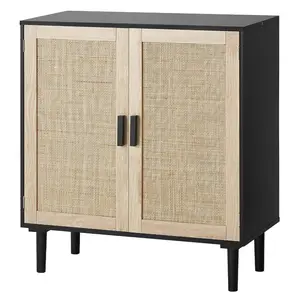 summervibes VEVOR Rattan Cabinet, Rattan Storage Cabinet with 2 Magnetic Doors and Adjustable Shelves, Sideboard Buffet Cabinet for Hallway, Entryway, Living Room, or Kitchen, Black
