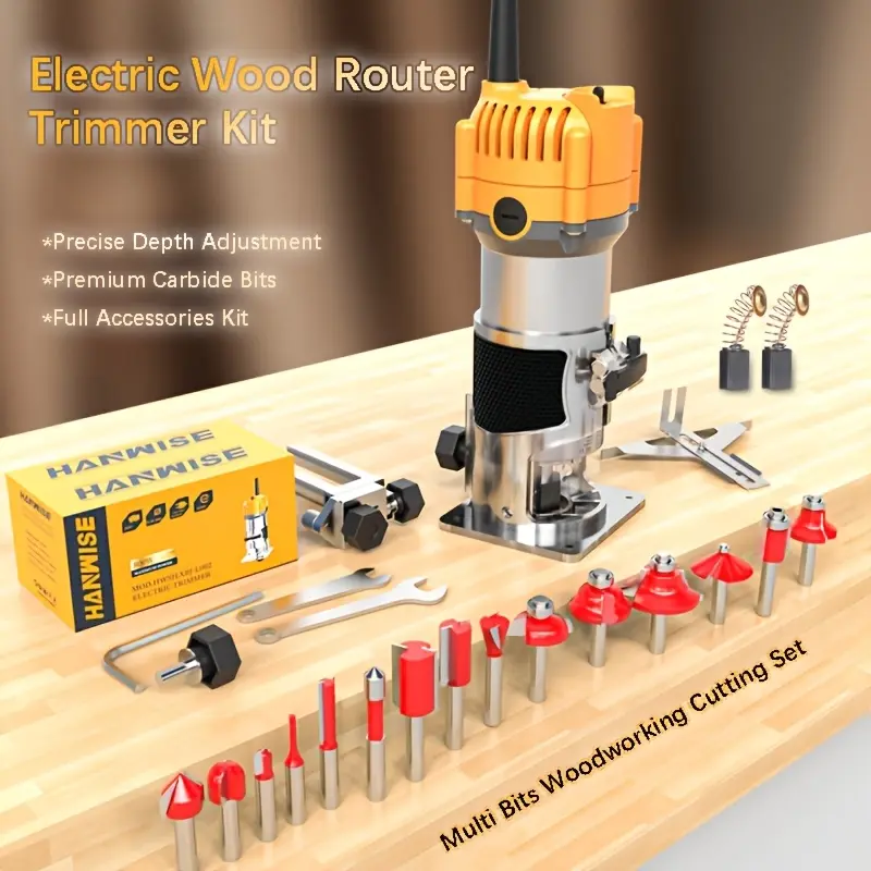 Hanwise Wood Router Tool, Electric Handheld Trimmer for Woodworking, Multi-Function Edge Cutter with Full Accessory Kit, DIY Wood Chamfering, Slotting, Milling, Carving & Grooving Tool for Home Improvement