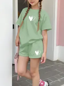 Girls Casual Simple Short Sleeve Shirt and Shorts Set, Summer Fashion Street Trend, All Seasons Fitted Two-Piece, Summer Clothes Set, Matching Outfits Set