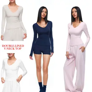 FDR Women's Solid Color V-Neck Double-Lined Long Sleeve Tee Best Gift Ideas Wishlist Lightweight Breathable Stretch | Slim-Fit Layering Essential for Fall Workouts & Everyday Womenswear Top Style Basic #fallfreshness