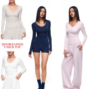FDR Women's Double Lined V Neck Long Sleeve Tee | Slim Fit Lightweight Stretch Layering Top for Workout, Casual & Everyday Wear #Summervibe Minimalist Tshirt