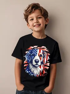 Kids' American Flag & July Dog Patriotic T-Shirt - Boys & Girls Short Sleeve Casual Top with Red Stars & Stripes Design, Round Neck Comfortable Casual Attire, Birthday Party Outfit, All-Season Apparel for Boys and Girls (Ideal Gift for 4th of July