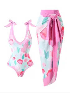 Women's Reversible Blue Print One-Piece Swimsuit with Matching Apron Set, Fashion Beachwear, Tummy Control Slimming Swimwear, Floral Print Swimsuits