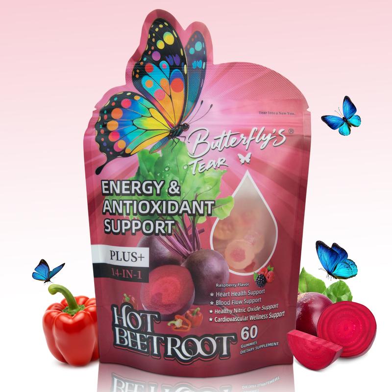 Butterfly’s Tear Hot Beetroot Gummies – Beet Root, Cayenne, Turmeric & Cinnamon for Cardiovascular, Brain & Focus Support – 60 Gummies