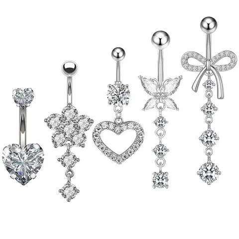 5 Styles Cubic Zirconia Dangle Belly Rings Kit, Hypoallergenic 316L Surgical Steel Long Drop Heart Hollow Heart Floral Butterfly Bow Navel Piercing Jewelry, Women Cute Body Belly Button Piercing Accessories For Women Body Jewellery