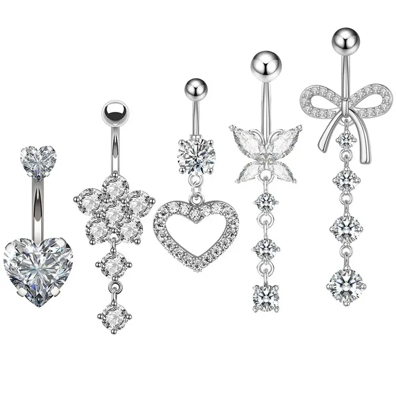 5 Styles Cubic Zirconia Dangle Belly Rings Kit, Hypoallergenic 316L Surgical Steel Long Drop Heart Hollow Heart Floral Butterfly Bow Navel Piercing Jewelry, Women Cute Body Belly Button Piercing Accessories For Women Body Jewellery