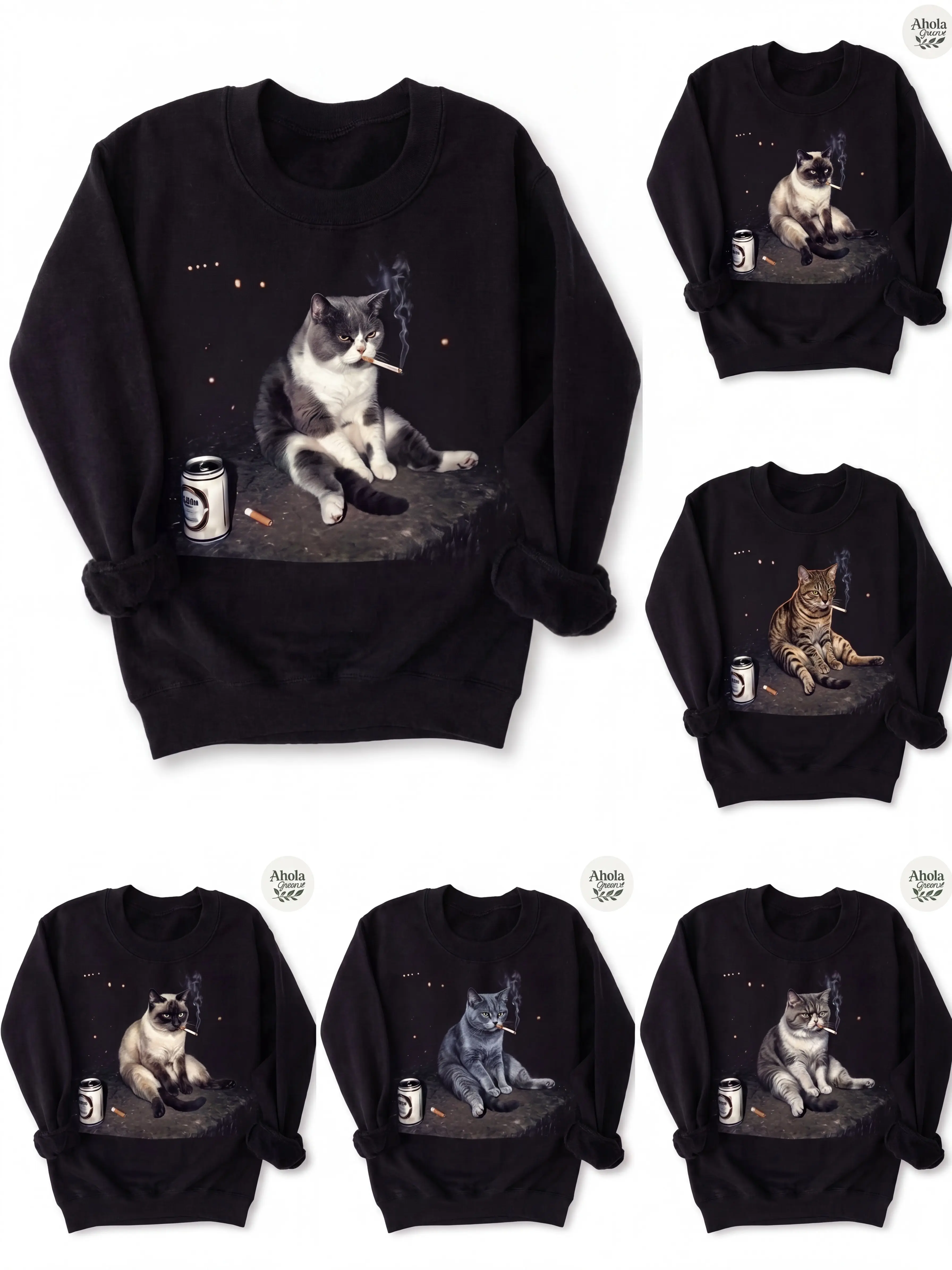 30+ Cat Breeds Graphic Sweatshirt, Funny Smoking Cat Crewneck, Vintage Cat Lover Pullover Oversized