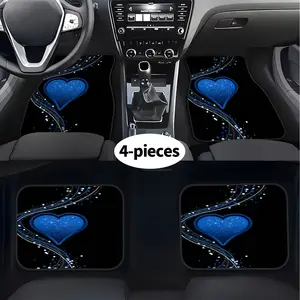 4 Piece Set Blue Glowing Heart Print Car Floor Mats, Front and Rear Carpet, Polyester Interior Accessories, Washable, Protects Cars and Suvs