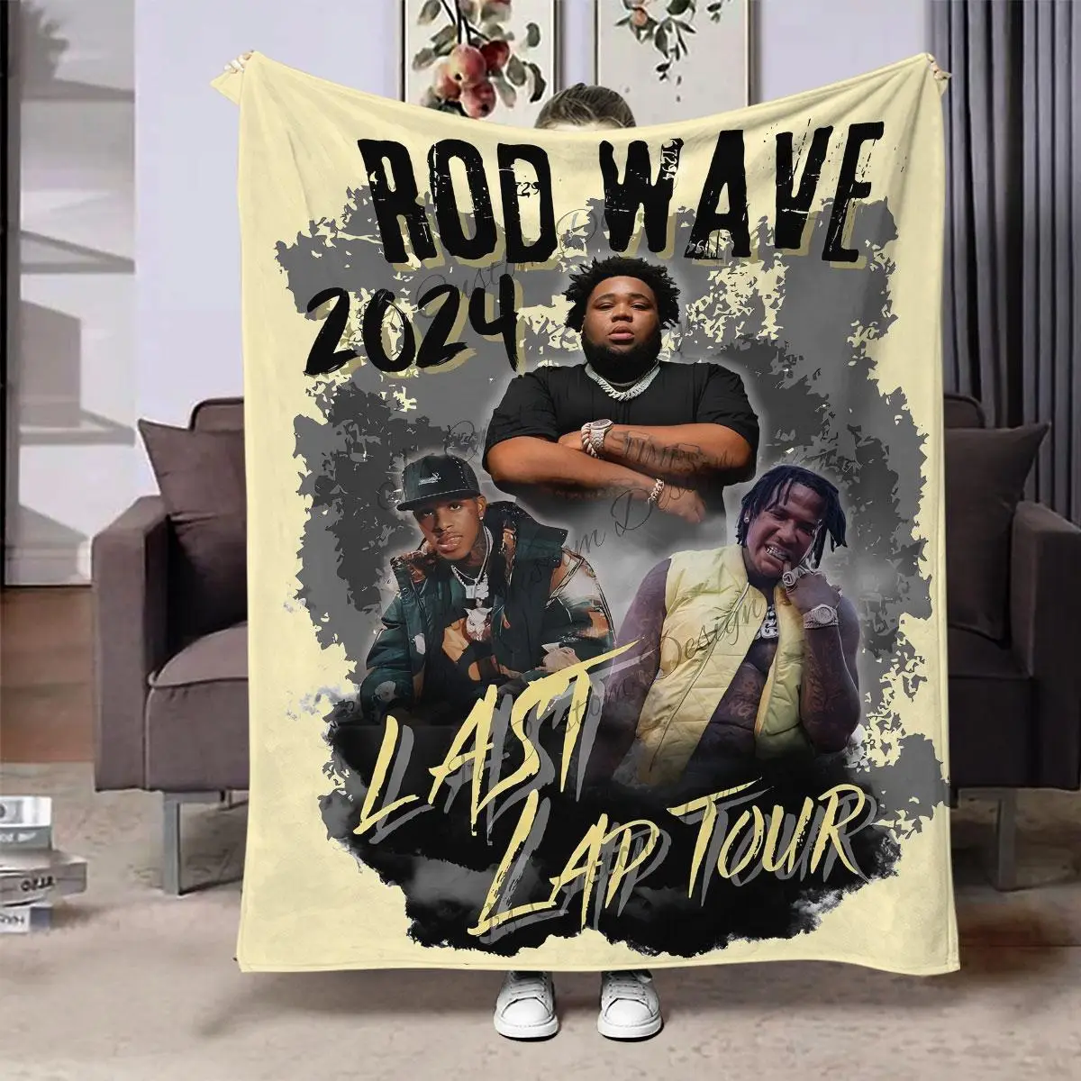 Rod Wave 2024 Last Lap Tour Themed Flannel Blanket, 1/2 Counts Air Conditioning Throw, Soft Blanket for Bedroom Living Room Sofa Couch Bed, Gift for F