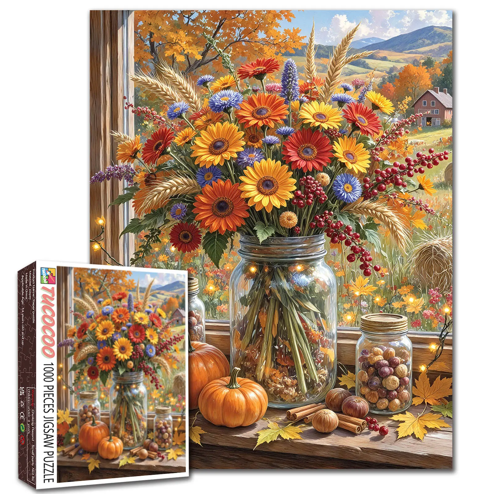 Tucocoo Autumn Harvest Flowers 1000 Pieces Jigsaw Puzzle Mason Jar Bouquet Pumpkins Wheat Berries Cozy Farmhouse Artwork for Adults, Family Game Night, Stress Relief, Brain Challenge, Wall Decor Gift for Fall Lovers, 27.5x20inch(70x50cm)