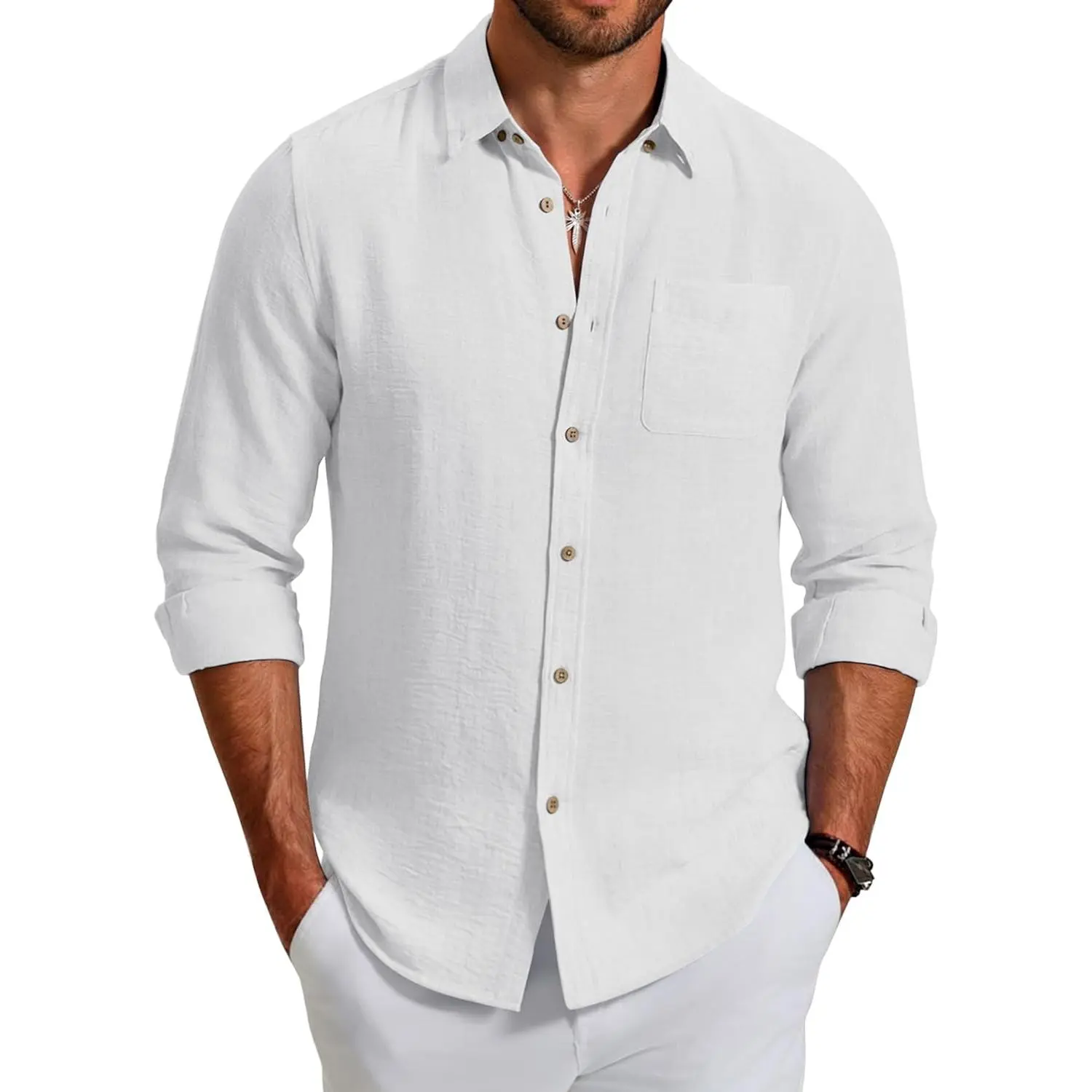 Men's Long Sleeve Button Down Shirt Casual Untucked Shirts Summer Beach Wedding Linen Textured Shirts