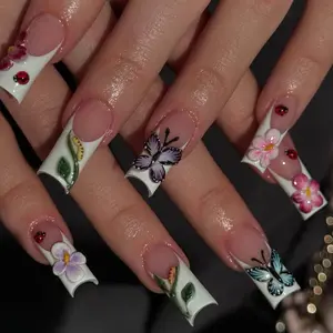Butterfly Garden Press On Nails | 3D Floral French Tips | Cute Ladybug & Spring Nature Nail | Handmade Garden Nail| Cottagecore Nail