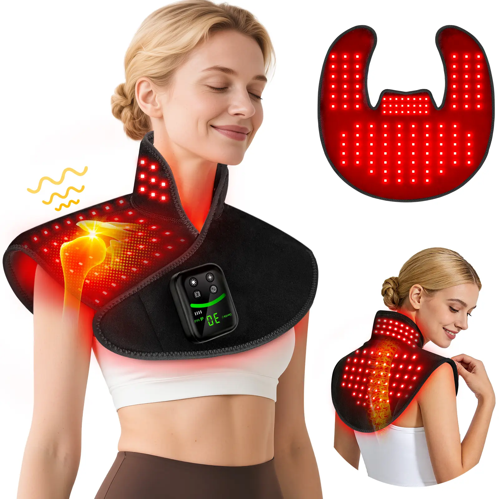 Cordless Red Light Therapy Wrap for Neck and Shoulders, Heated Vibrating Massager with 118 Infrared LEDs for Relaxing Relief, Lightweight & Portable with Pulse Modes & Timer, Gift
