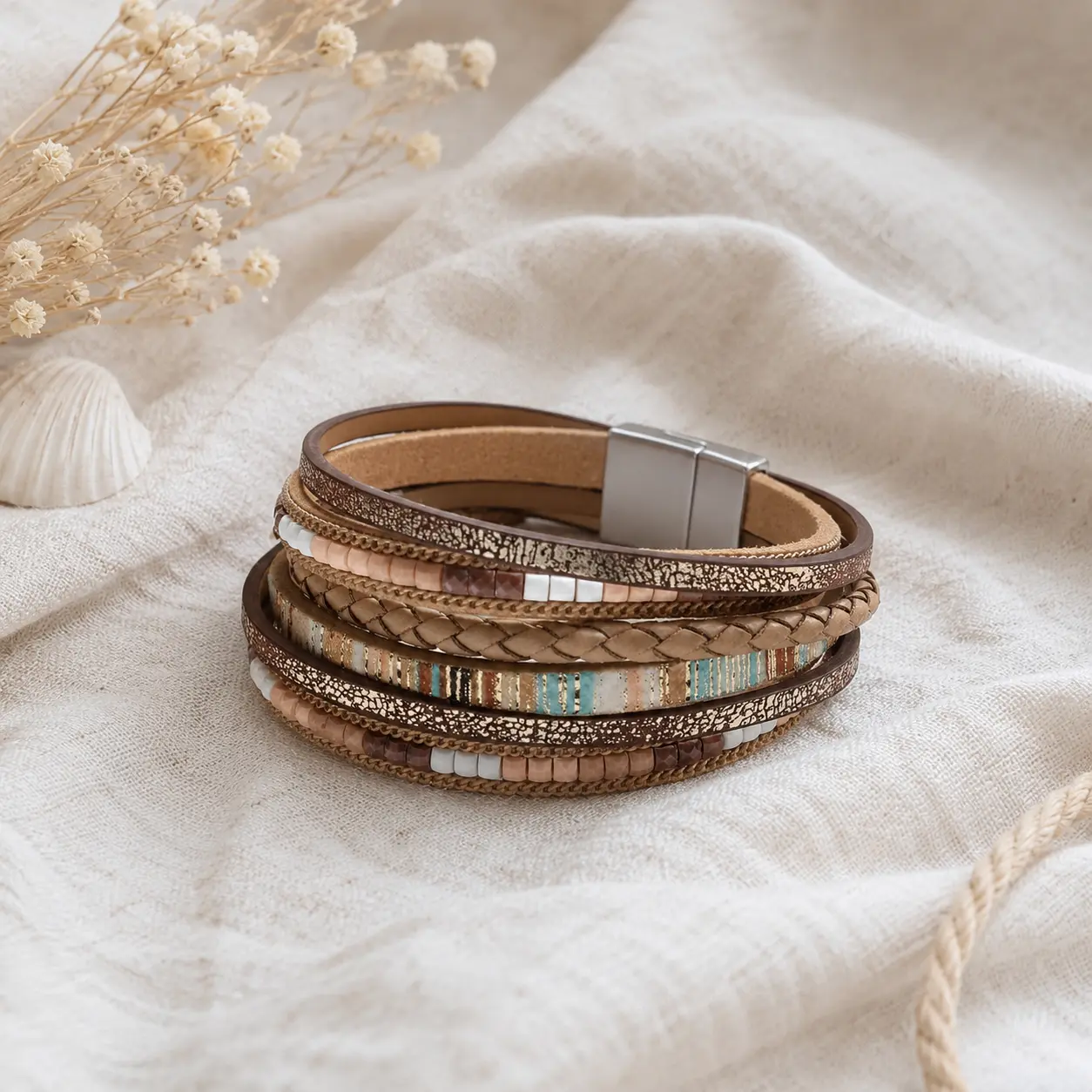 Leather Wrap Bracelets for Women – Boho Leopard Multi-Layer Beaded Cuff, Adjustable Boho Jewelry Gift for Her Handmade Stacking Bangles