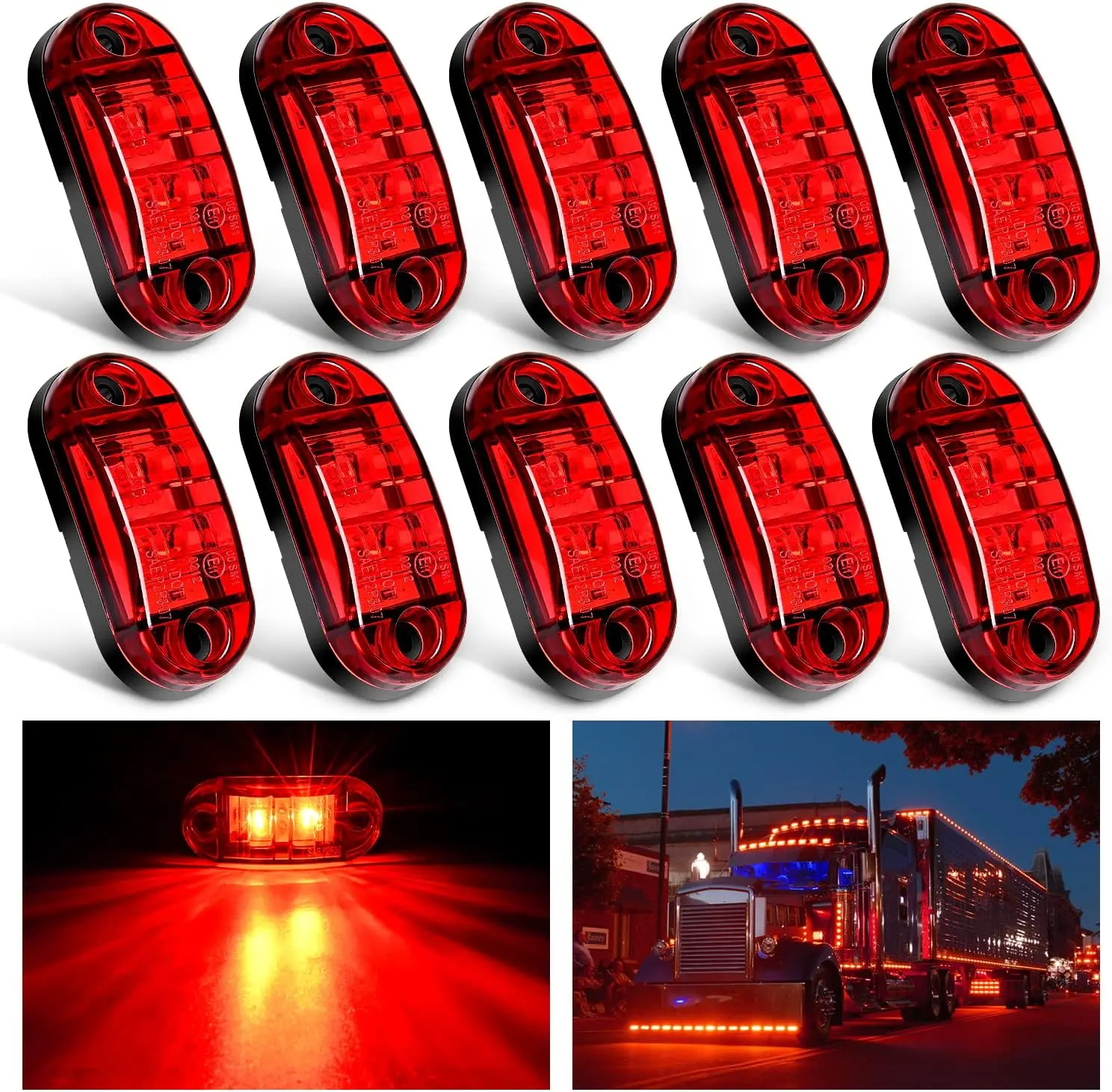 Nilight 2.5In Oval 2-Diode LED Side Marker Carlights, 10PCS Red Waterproof Clearance Lights, Surface-Mounted 10-30V Backlights for Trucks, Trailers, Led Backlights