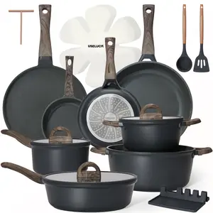 USELUCK 22-Piece Non-Stick Ceramic Pots and Pans Set, Non-Toxic PFOA/PFOS-Free Cream White Granite Cookware with Glass Lids, Induction Compatible Including Crepe Frying Pan