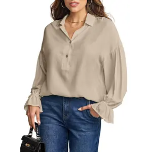 EVALESS Women's Casual Blouses Business Linen Tops Cute Puff Sleeve V Neck Button-Down Henley Shirts 2025 Fall Outfits