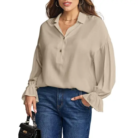 EVALESS Women's Casual Linen Blouses - Oversized, Loose, Cute Puff & Billowy Sleeves, V-Neck Button-Down Henley Shirts, Comfy Flow, Cardigan Layer Ready, Long Sleeves Add Coverage & Polish, 2026 Fall Outfits