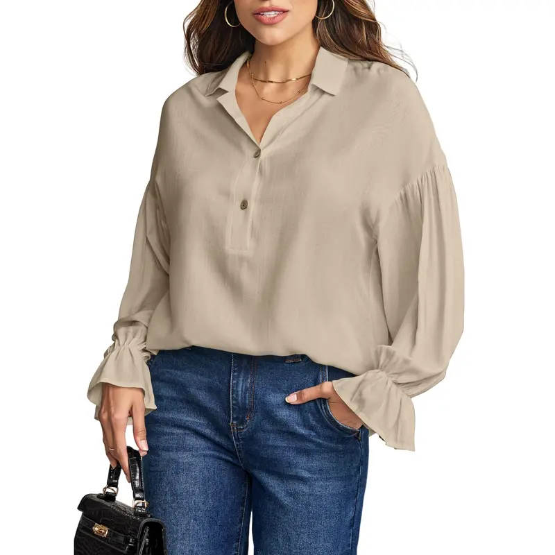 EVALESS Women's Casual Linen Blouses - Oversized, Loose, Cute Puff & Billowy Sleeves, V-Neck Button-Down Henley Shirts, Comfy Flow, Cardigan Layer Ready, Long Sleeves Add Coverage & Polish, 2026 Fall Outfits