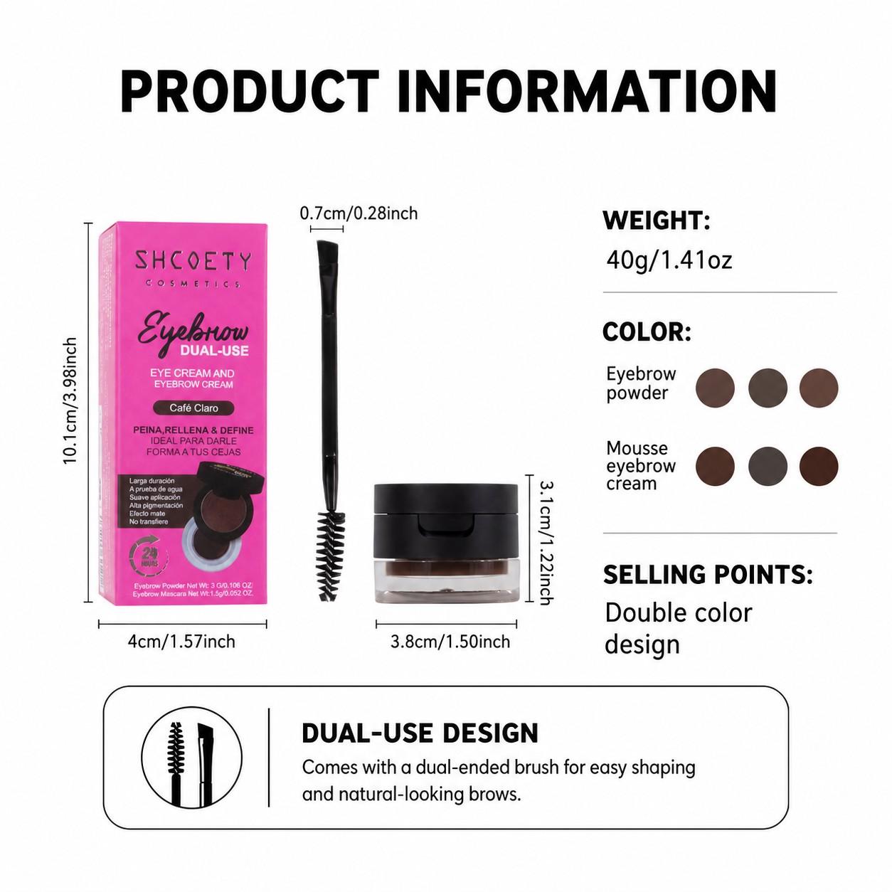 SHCOETY 2-in-1 Eyebrow Cream & Powder Single Unit - Waterproof Long-Wear Brow Makeup with Dual-End Tool, Brush Apply Capability & Mirror