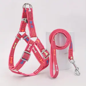 A Stylish Bone-patterned Chest and Back Triangle Harness Set with a Leash, Suitable for Both Indoor and Outdoor Use