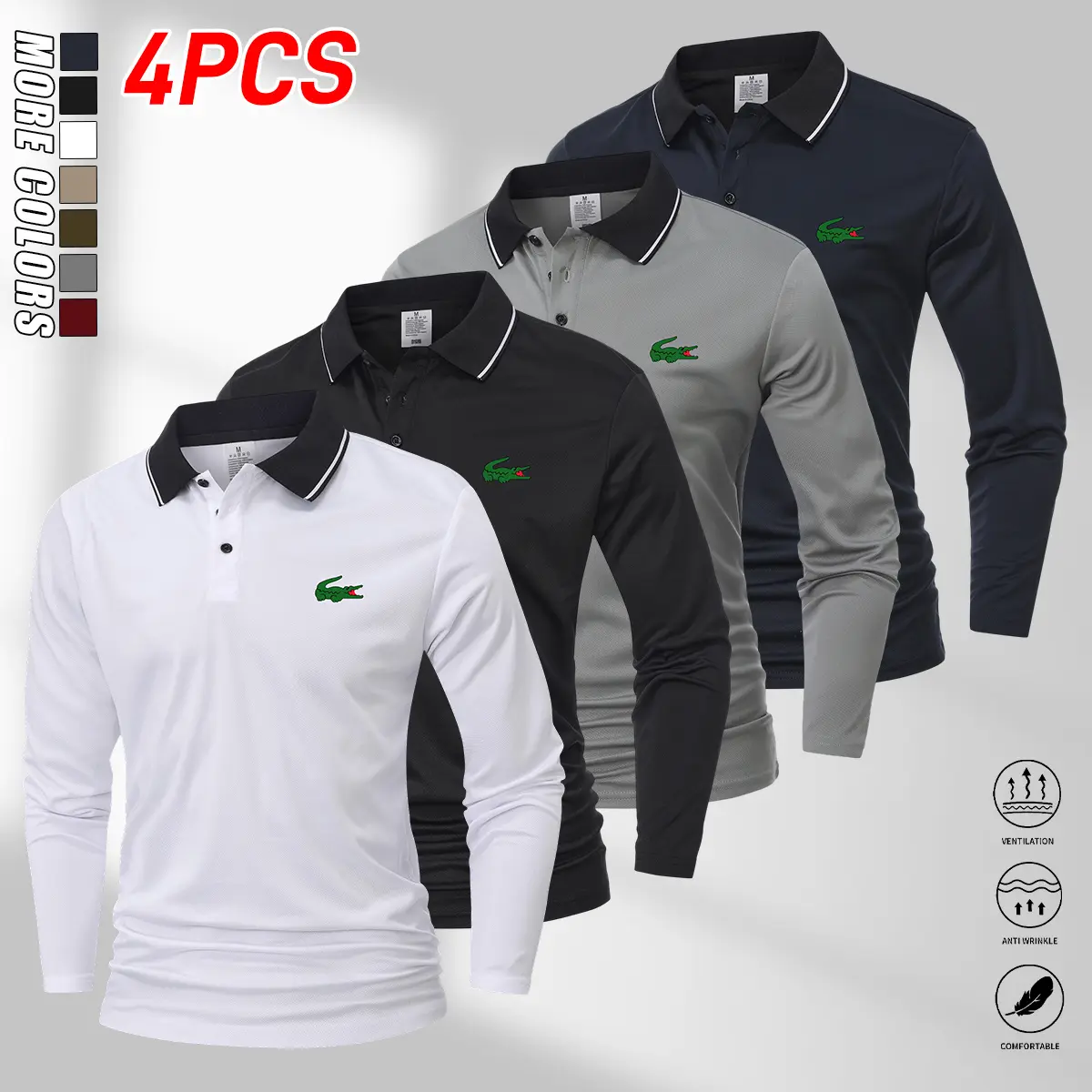 4-pack men’s collared button-front shirts; polo shirts with long sleeves, comfortable and stretchy, suitable for golf, everyday casual wear, fishing, and camping.Men's clothing.Suitable for spring and autumn, back to school, back-to-school shopping