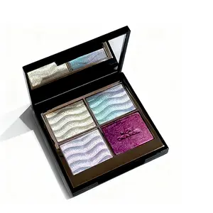 4-Color Multichrome Eyeshadow & Blush Palette - Buildable Sparkling Highlighter with Blue, Purple, Red & Gold Shimmer - Sweat-Resistant for Halloween, Parties & Gift Giving！