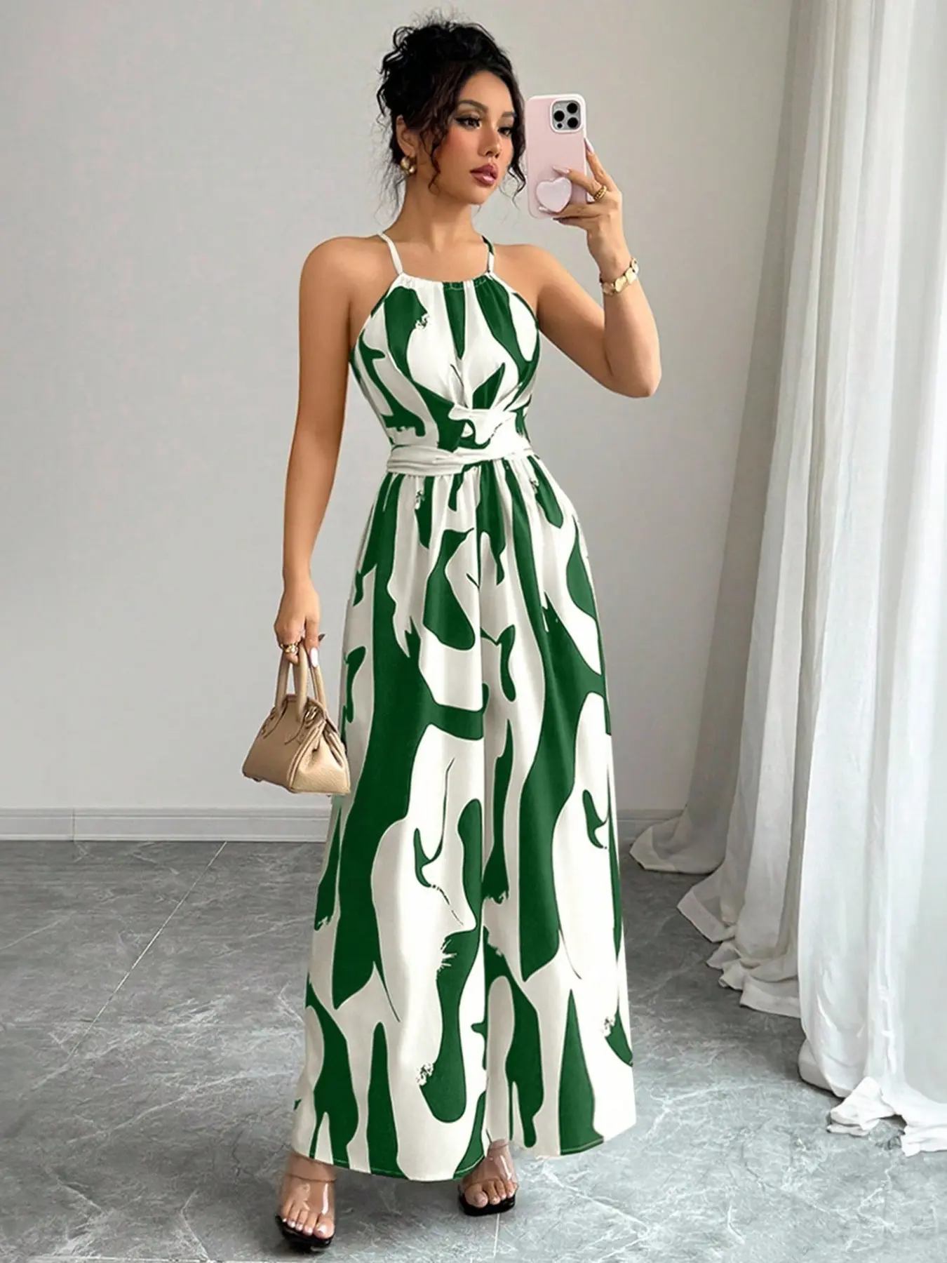 embroidered dress for women Easter Dresses Casual Solid Embroidered Hollowed Out See-through Half A Turtleneck Long Sleeve Dresses(Green/L)