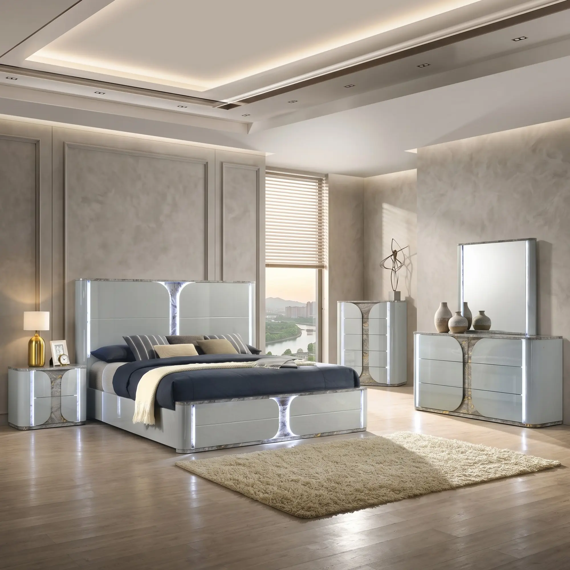 Furniture of America CLEBURNE Queen LED Light Bed Frame - Modern Minimalist Solid Wood Platform Bedframe with Headboard, Sturdy Indoor Bedframes & Headboards Furniture