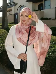 Boho Style Beach Vacation Shawl Scarf, All-Season Women's Accessory, Elegant Ink Painting Pattern, Sun Protection Windproof Hijab Headscarf, Turban Hijab