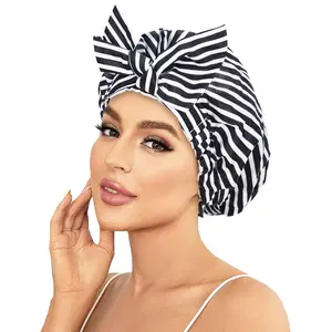 Luvruitaky Shower Caps Reusable Waterproof for Women Black Stripe