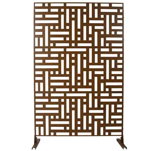 76x48 in Outdoor Freestanding Metal Privacy Screen Panel (PS103) - Easy Setup, Geometric Cutouts, Brown Metal Build for Deck, Patio Decoration