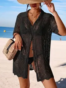 Women's Hollow Out Kimono Cover-Up - Button Front Lightweight Beach Wrap for Summer Beachwear