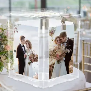 Acrylic Wedding Card Box with Picture Frame, Clear Gift Card Box for Wedding Reception, Large Rotatable Money Envelope Card Box Holder with Lock for Graduation Party Birthday Baby Shower