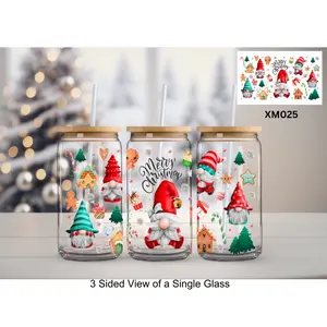 “Christmas Gnomes” UVDTF Wrap on 20oz Can-Shaped Glass with Bamboo Lid and Glass Straw [XM025]
