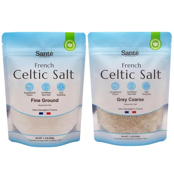 Sante Naturelle Celtic Salt Organic Bundle (Fine Ground & Grey Coarse) - 1.1lb (18oz) Pack of 2. Unrefined Organic French Sea Salt, Rich in 82+ Minerals Salt, 100% Natural & Hand Harvested Sal Celtica