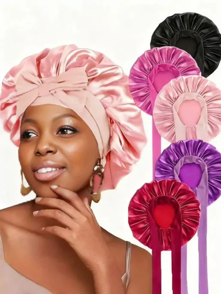 Satin Bonnet Night Sleep Cap Wrap with Adjustable Tie Band, Fits Curly & Straight Hair