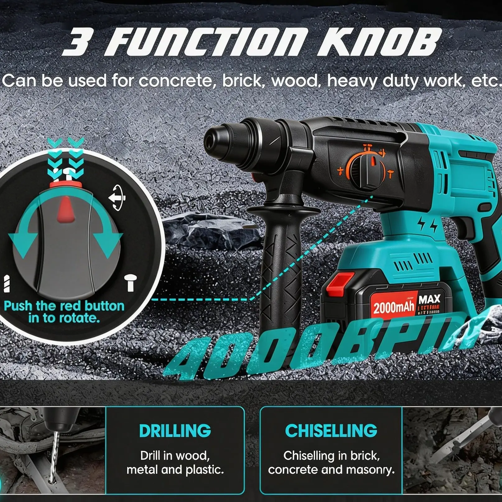SDS Plus Cordless Rotary Hammer Drill  4000BPM Jack Demolition Hammer Drill for Concrete with Safety Clutch 3 Functions & Toolbox Hammer Drill 20v Brushless for Concrete/Masonry/Wood/Metal