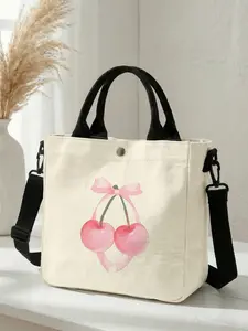 1 piece of pink cherry pattern 2D printed fashion crossbody bag, adjustable shoulder strap + snap closure | Student/Office worker/Shopping travel | A street-wear essential that combines aesthetic appeal and practicality