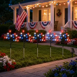 July 4th Decorations: Outdoor Ground Stake Lights, 5-Piece Set of Red, White, and Blue Star-Shaped Solar Lights, Featuring 8 Modes and 75 LED Bulbs, Waterproof Patriotic Path Lights, Perfect for Independence Day and Memorial Day Garden Paths